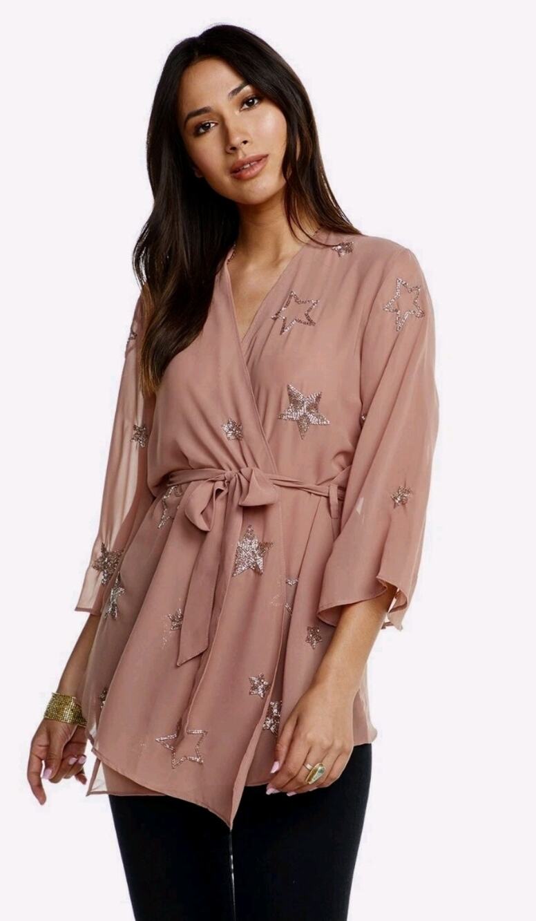 Chaser Pink Sheer Beaded Stars Bell Sleeve Kimono Wrap Women's XS